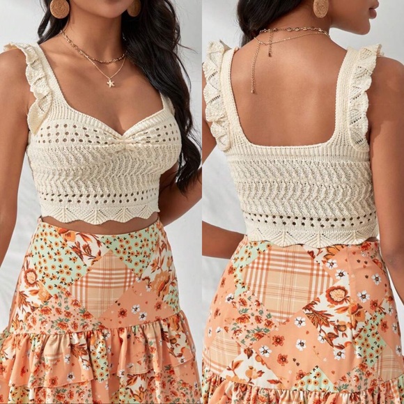 Tops - Cream Crochet knitted Ruffle Trim Knit Top